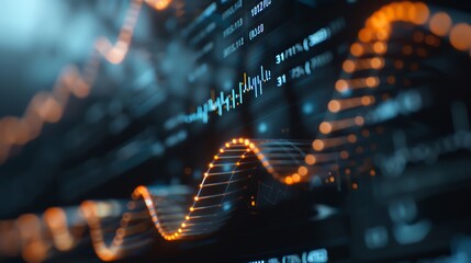 Abstract visualization of data trends with glowing lines on a digital interface, representing analysis and technology.