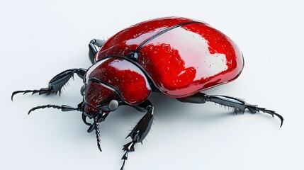 Wall Mural - 40. A lifelike 3D render of a red beetle with a shiny surface, isolated on a pristine white background