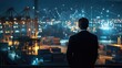 © ShinneProject - A businessman stands in front of a night cityscape with a digital world map overlay, gazing at the network of global trade and logistics.