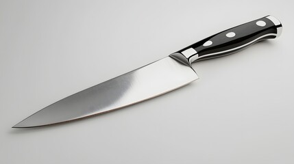 17. A detailed 3D render of a high-quality chef is knife with a polished blade, isolated on a pristine white background