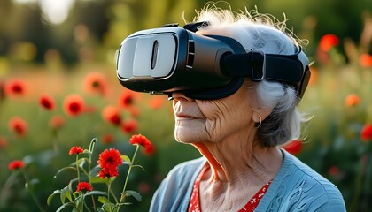 Curious grandmother experiences virtual reality, mistaking it for a fancy eye exam against a serene outdoor backdrop