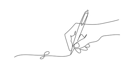 Wall Mural - Hand holding pen and writing in one continuous line drawing. Letter and diary concept in simple linear style. School lesson symbol in editable stroke. Doodle outline vector illustration