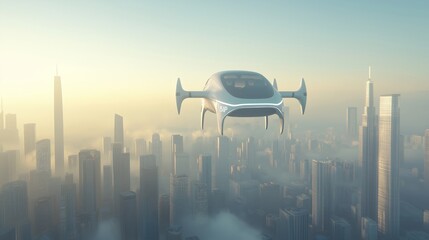 A futuristic flying car gliding over a modern city skyline, showcasing advanced technology and urban innovation.