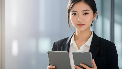 Professional, confident Asian business woman in office tablet, phone. 