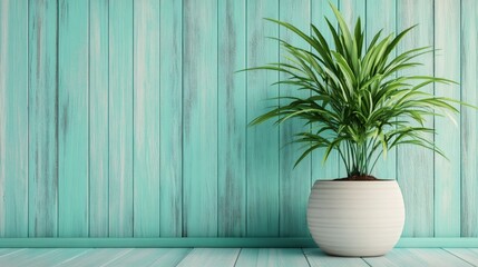 Wall Mural - A potted plant with green leaves sits in front of a teal wooden wall.