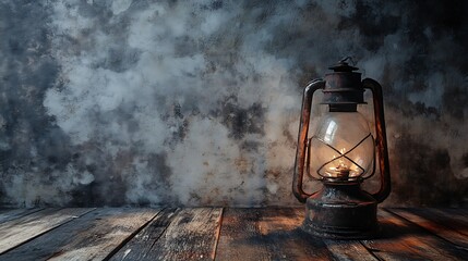 Wall Mural - An Old Oil Lamp on a Weathered Wooden Floor