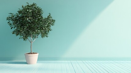 Wall Mural - A potted plant with green leaves sits on a light blue wooden floor in front of a light blue wall with a sliver of sunlight.