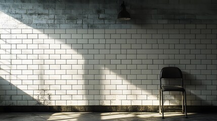 A Single Chair Against a White Tile Wall with a Light Beam