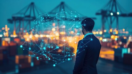 A businessman stands in front of a container port at night, with a glowing network of lines and dots behind him. The image symbolizes the interconnectedness of global trade and the digital age.