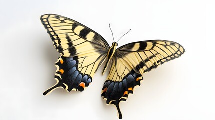 28. A realistic 3D render of a yellow swallowtail butterfly with intricate wing patterns, isolated on a pristine white background