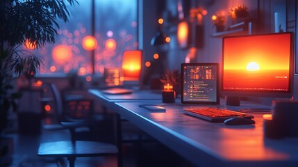 Wall Mural - Modern home office with red and blue lights, a computer screen showing a sunset, and a tablet showing code.