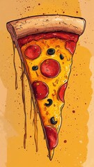 Wall Mural - A pizza slice illustrated in cartoon art style, with exaggerated features and playful colors, giving it a fun, whimsical appearance.