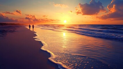 A solitary figure walks along a sandy beach at sunset, with the ocean waves gently crashing against the shore.