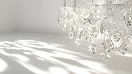 147. A lifelike 3D render of a modern glass chandelier with elegant crystals, isolated on a pristine white background