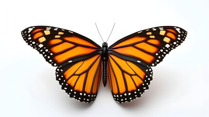 1. A realistic 3D render of a colorful Monarch butterfly, wings spread wide, isolated on a pristine white background