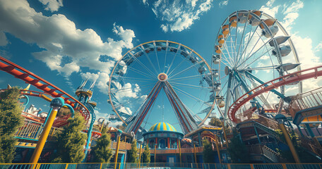 Low-angle shot of an amusement park, featuring a mix of creative and surreal structures. It features a large Dome structure. Generative AI.