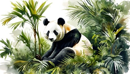 Charming panda surrounded by lush tropical foliage in a vibrant watercolor illustration on a crisp white background