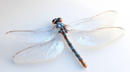 Wall Mural - 3. A lifelike 3D render of a translucent dragonfly with intricate wing patterns, isolated on a pristine white background