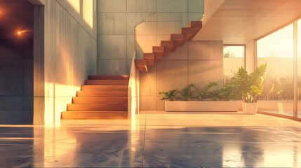 Wall Mural - A contemporary interior design element featuring glass fencing and wooden stairs