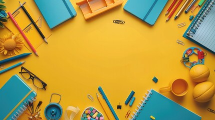 Back to School, An education concept banner with yellow background and school supplies. top view. Generative AI.