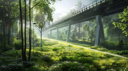 Wall Mural - Natural forest fields are framed by an elevated road with lush turf for bicycle riding