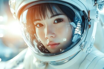 Wall Mural - close-up of beautiful asian woman astronaut wearing a white spacesuit on the space station 