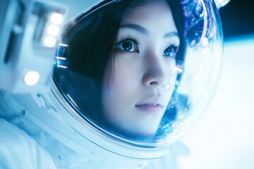 Wall Mural - close-up of attractive asian woman astronaut wearing a white spacesuit on the space station 