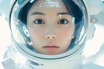 Wall Mural - aesthetic portrait of attractive asian woman astronaut wearing a white spacesuit on the space station 