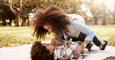 Poster - Tickle, playing and mom in park with child for bonding, outdoor fun and laughing on blanket. Picnic, relax and happy woman with son in nature for playful morning together with love, support and trust