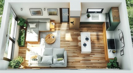 Top view of the floor plan, small apartment with a kitchen-living room in green and white colors, featuring oak parquet flooring. The bathroom is located on one side of the living space. 3D rendering.