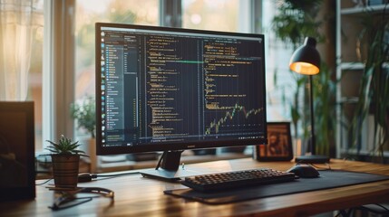 Poster - A desktop computer displaying lines of code on the screen. Generative AI.