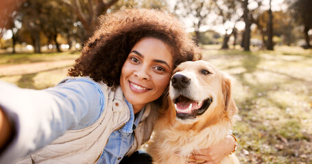 Canvas Print - Selfie, hug and girl in park, dog and bonding together with nature, happiness and profile picture. Pet lover, person and woman with animal, best friend and cheerful with memory, outdoor and trees