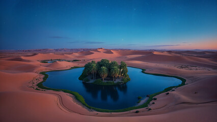 Small oasis in the middle of a desert at night, surrounded by sand dunes and trees. The sky is filled with stars, creating a beautiful and serene atmosphere.