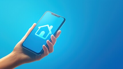 Hand holding smartphone with house icon on blue background, real estate app concept. Home technology and home security technology for digital property management services