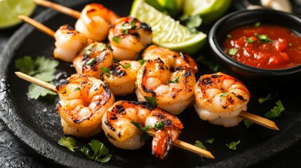 Wall Mural - Grilled shrimp skewers with salsa and lime wedges on black plate.