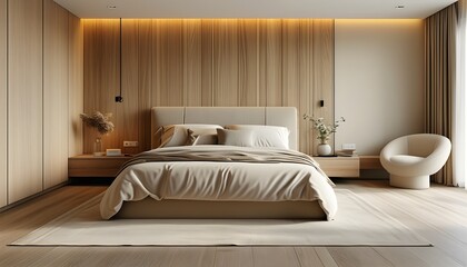 Cozy modern bedroom featuring warm beige walls and a natural wood grain headboard, infused with AI-generated design elements