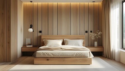 Cozy modern bedroom featuring warm beige walls and a natural wood grain headboard, infused with AI-generated design elements