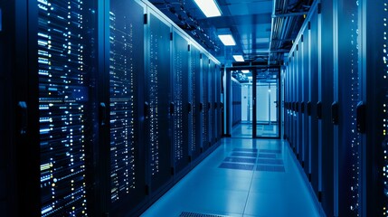 Wall Mural - Server Room Interior with Rows of Rack-Mounted Servers and a Doorway at the End