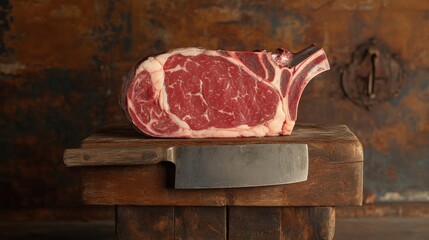 Wall Mural - Raw Prime Rib Roast on a Cutting Board with a Butcher Knife.