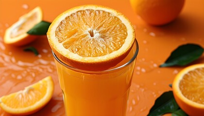 Vibrant orange juice with a fresh slice perched on top, set against a clean backdrop