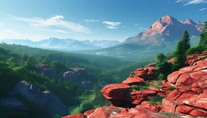 The beautiful red rock terrain and tranquil green forest, with a blue sky and distant mountains in the background, show the magnificent scenery of nature.