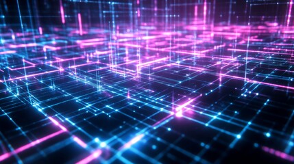 Leinwandbilder - Abstract futuristic grid glowing with neon pink and electric blue lights, creating complex geometric patterns,