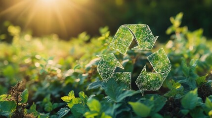 A green, blurry, recycling symbol against a background of lush, green foliage with a sun flare in the top right corner.