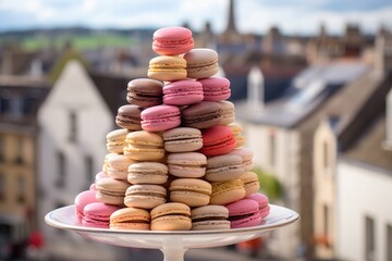 Macarons Array: Showcase a colorful array of macarons on a tiered stand, with a narrow village street in the background.