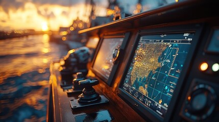 Sunset view from a boat's control panel with navigation display.