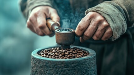 Wall Mural - A person grinding coffee beans in a mortar and pestle, AI