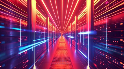 Wall Mural - A Neon-Lit Server Room Corridor with Servers and Red Lights