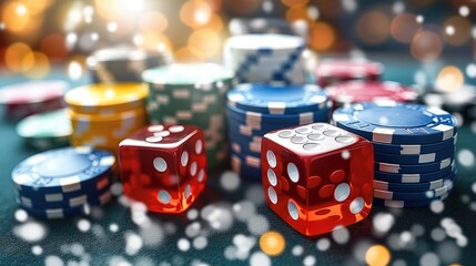 Detailed vector illustration of casino icons like dice, poker chips, and playing cards. Generative AI.