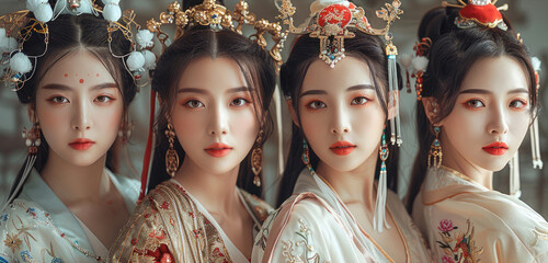 Sticker - Asian, four beautiful Chinese women in ancient costumes. Generative AI.