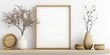© AI Art Visionary - Minimalist mockup of an empty, blank wooden frame on the wall, framed with a beautiful brown wood shelf and vases with dried plants.